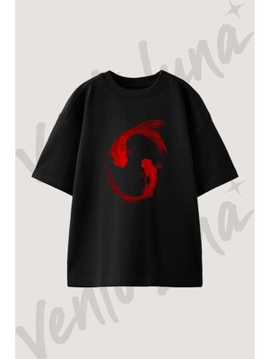 Red Koi Tasarım Baskılı Unisex Oversize Kalıp Siyah Tshirt