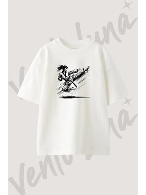 Taekwondo Fighter Tasarım Baskılı Unisex Oversize Kalıp Beyaz Tshirt