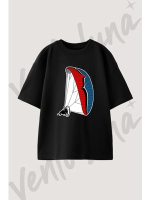 Paramotor Tasarım Baskılı Unisex Oversize Kalıp Siyah Tshirt