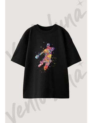 Renkli Basketbolcu Tasarım Baskılı Unisex Oversize Kalıp Siyah Tshirt