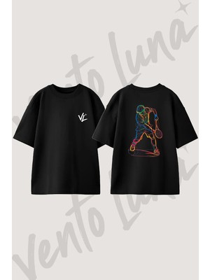 Renkli Tenis Tasarım Sırt Baskılı Pamuk Siyah Oversize T-Shirt