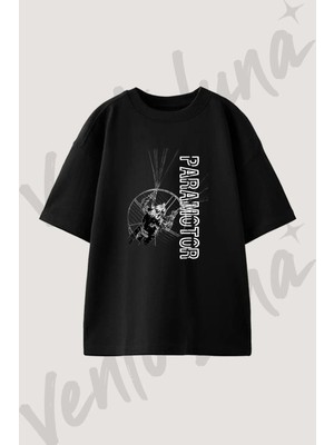 Paramotor Pilot Tasarım Baskılı Unisex Oversize Kalıp Siyah Tshirt
