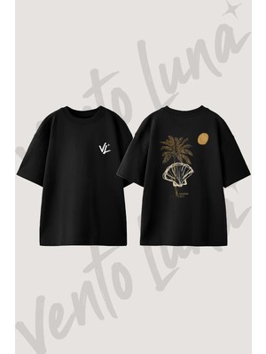 Palm Seashell Tasarım Sırt Baskılı Pamuk Siyah Oversize T-Shirt