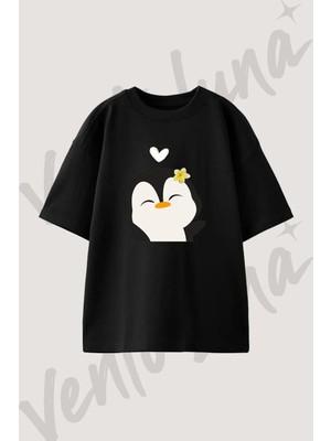 Penguin Flower Tasarım Baskılı Unisex Oversize Kalıp Siyah Tshirt