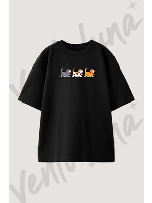 Cartoon Cats_2 Tasarım Baskılı Unisex Oversize Kalıp Siyah Tshirt