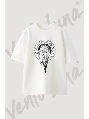 Zodyak Yay Tasarım Baskılı Unisex Oversize Kalıp Beyaz Tshirt