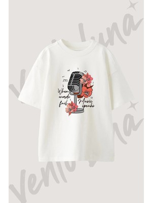 Retro Mikrofon Cicek Tasarım Baskılı Unisex Oversize Kalıp Beyaz Tshirt