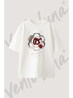 Revolver Zar Tasarım Baskılı Unisex Oversize Kalıp Beyaz Tshirt