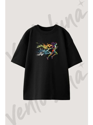Colorful Runner_1 Tasarım Baskılı Unisex Oversize Kalıp Siyah Tshirt