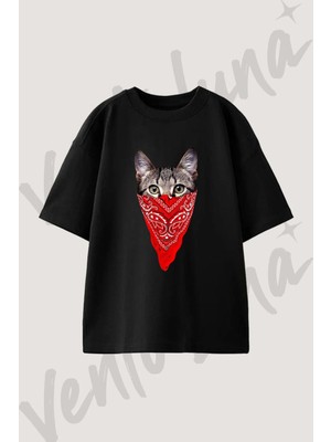 Gangster Cat Tasarım Baskılı Unisex Oversize Kalıp Siyah Tshirt