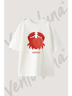 Cancer Zodiac Tasarım Baskılı Unisex Oversize Kalıp Beyaz Tshirt