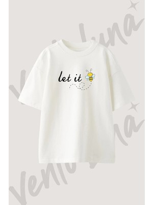 Let It Bee Tasarım Baskılı Unisex Oversize Kalıp Beyaz Tshirt