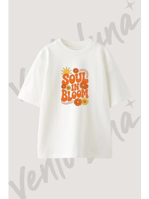 Soul In Bloom Tasarım Baskılı Unisex Oversize Kalıp Beyaz Tshirt