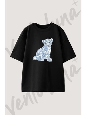 Porselen Leopar Tasarım Baskılı Unisex Oversize Kalıp Siyah Tshirt