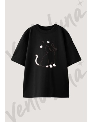 Cat Hearts Tasarım Baskılı Unisex Oversize Kalıp Siyah Tshirt