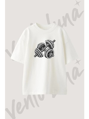 Sport Dumbbells Tasarım Baskılı Unisex Oversize Kalıp Beyaz Tshirt