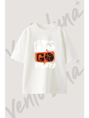 Basketbol Oyunu Tasarım Baskılı Unisex Oversize Kalıp Beyaz Tshirt