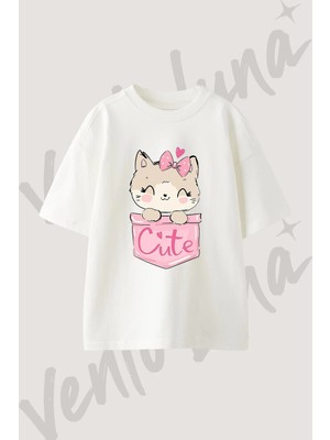 Kawaii Kedi Tasarım Baskılı Unisex Oversize Kalıp Beyaz Tshirt