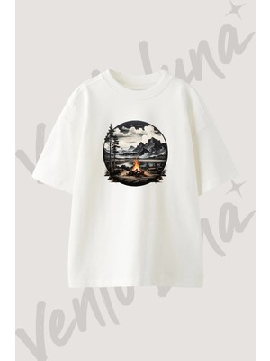 Ates Gol Dag Tasarım Baskılı Unisex Oversize Kalıp Beyaz Tshirt