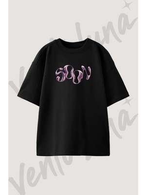 Cromatik Sivi Yazi Tasarım Baskılı Unisex Oversize Kalıp Siyah Tshirt