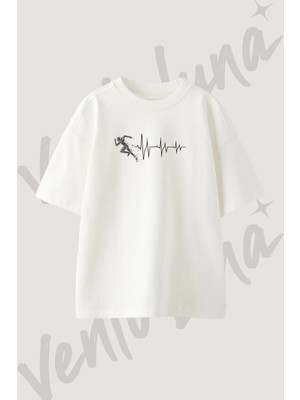 Runner Ecg Tasarım Baskılı Unisex Oversize Kalıp Beyaz Tshirt