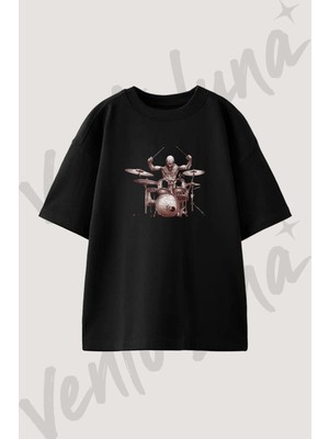 Drummer Sketch Tasarım Baskılı Unisex Oversize Kalıp Siyah Tshirt