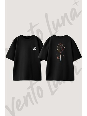 Splatter Racket Tasarım Sırt Baskılı Pamuk Siyah Oversize T-Shirt