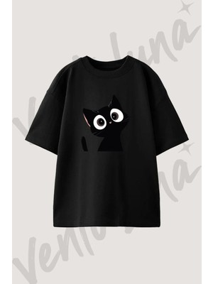 Black Cat_3 Tasarım Baskılı Unisex Oversize Kalıp Siyah Tshirt