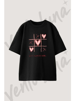 Love Tic Tac Toe Tasarım Baskılı Unisex Oversize Kalıp Siyah Tshirt