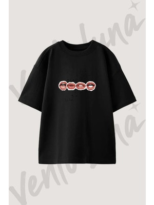 Bla Bla Tasarım Baskılı Unisex Oversize Kalıp Siyah Tshirt