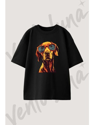 Dog Sunglasses_1 Tasarım Baskılı Unisex Oversize Kalıp Siyah Tshirt