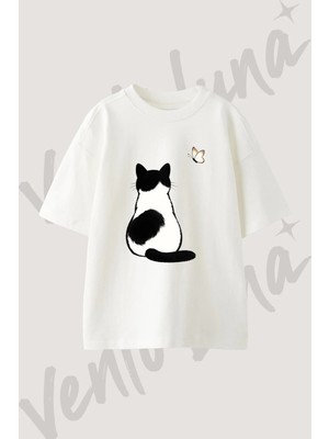 Cat Butterfly_2 Tasarım Baskılı Unisex Oversize Kalıp Beyaz Tshirt