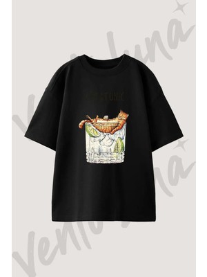 Cat Gin Tonic Tasarım Baskılı Unisex Oversize Kalıp Siyah Tshirt