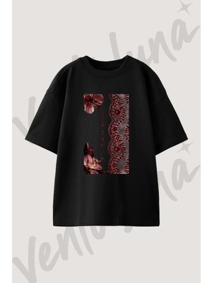 Floral Lace Tasarım Baskılı Unisex Oversize Kalıp Siyah Tshirt