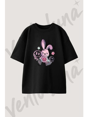 Emo Rabbit Tasarım Baskılı Unisex Oversize Kalıp Siyah Tshirt