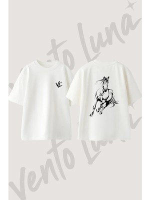 Horse Silhouette Tasarım Sırt Baskılı Pamuk Beyaz Oversize T-Shirt