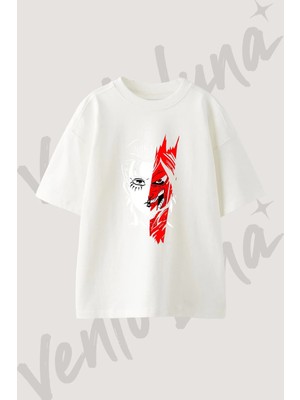 Eren Titan Tasarım Baskılı Unisex Oversize Kalıp Beyaz Tshirt