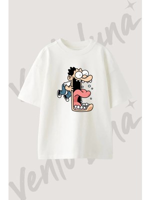 Cartoon Big Mouth Tasarım Baskılı Unisex Oversize Kalıp Beyaz Tshirt
