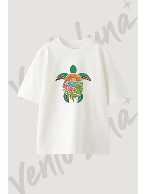 Tropical Turtle Tasarım Baskılı Unisex Oversize Kalıp Beyaz Tshirt