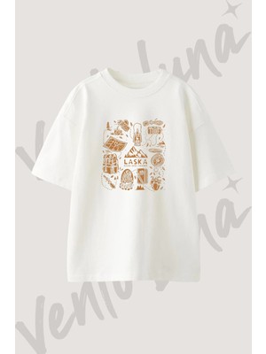 Doga Kamp Tasarım Baskılı Unisex Oversize Kalıp Beyaz Tshirt