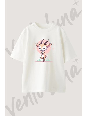 Gazelle Yoga Tasarım Baskılı Unisex Oversize Kalıp Beyaz Tshirt
