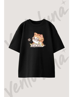 Kedi Klavye Esc Tasarım Baskılı Unisex Oversize Kalıp Siyah Tshirt