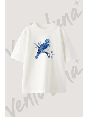 Blue Bird Tasarım Baskılı Unisex Oversize Kalıp Beyaz Tshirt