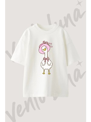 Goose Hat Tasarım Baskılı Unisex Oversize Kalıp Beyaz Tshirt