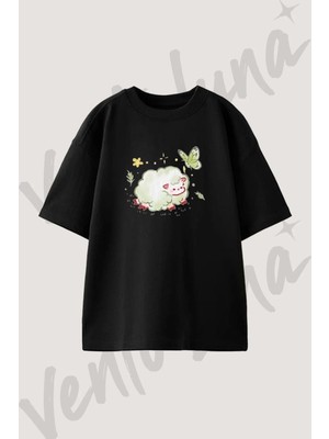 Kuzu Kelebek Tasarım Baskılı Unisex Oversize Kalıp Siyah Tshirt