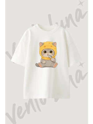 Kedi Peynir Balik Tasarım Baskılı Unisex Oversize Kalıp Beyaz Tshirt