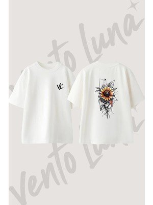 Sunflower Tattoo Tasarım Sırt Baskılı Pamuk Beyaz Oversize T-Shirt