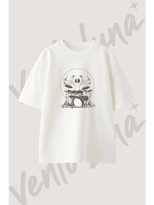 Drummer Vitruvian Tasarım Baskılı Unisex Oversize Kalıp Beyaz Tshirt