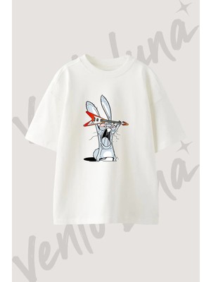 Rock Tavsan Gitar Tasarım Baskılı Unisex Oversize Kalıp Beyaz Tshirt