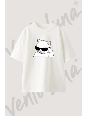 Beyaz Gozluklu Kedi Tasarım Baskılı Unisex Oversize Kalıp Beyaz Tshirt